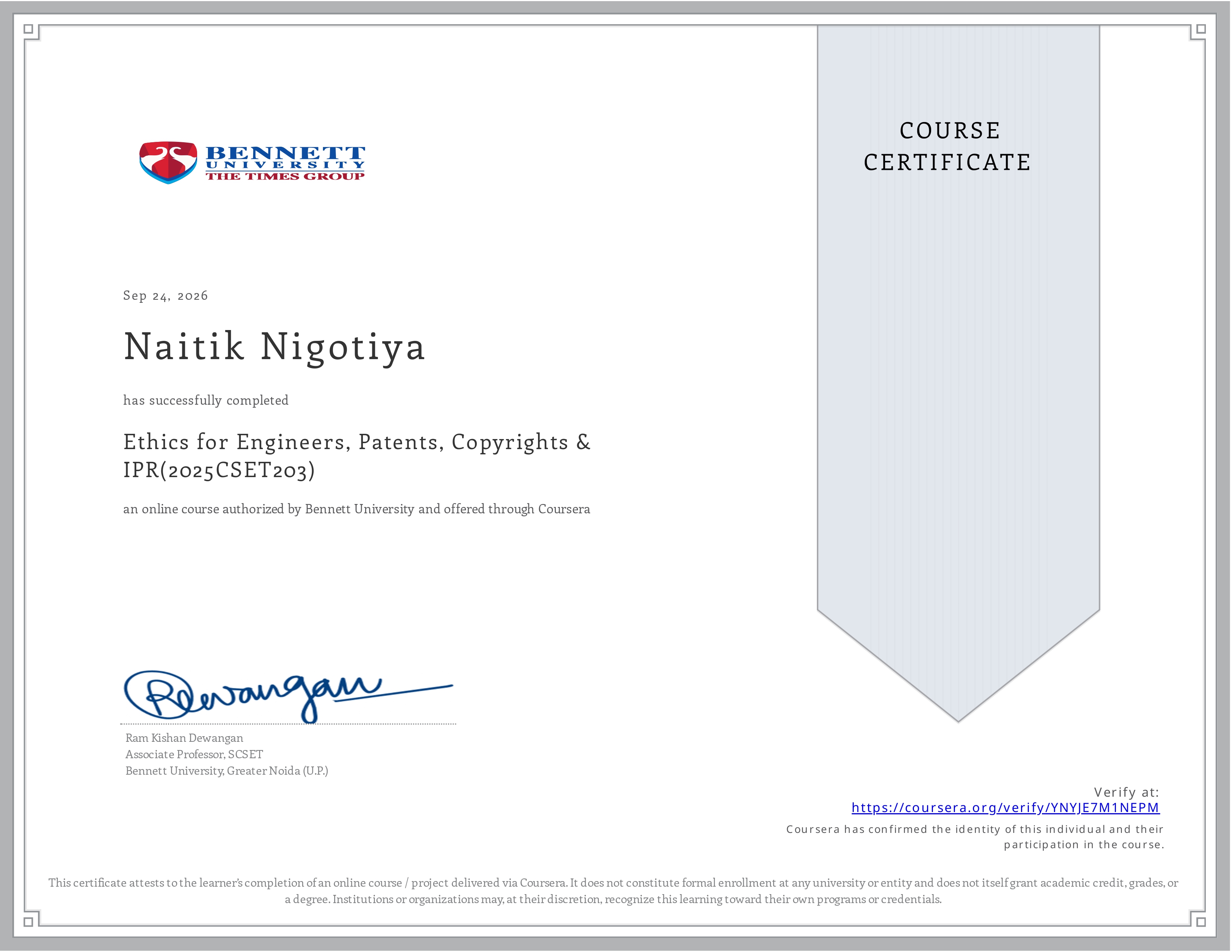 Ethics for Engineers, Patents, Copyrights & IPR Certificate